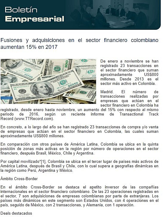 Fusiones y adquisiciones en el sector financiero colombiano aumentan 15% en 2017